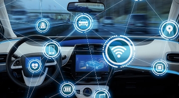 inside vehicle with digital graphics